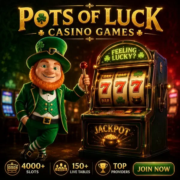 Mickey Finn pulling slot machine lever at PotsOfLuck Casino Games neon gaming floor