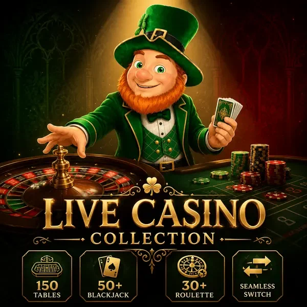 Professional live dealer spinning roulette at PotsOfLuck with cards and golden spotlight