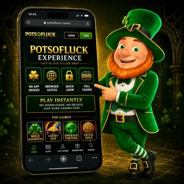 Mickey the leprechaun gesturing toward PotsOfLuck mobile app interface glowing on smartphone screen