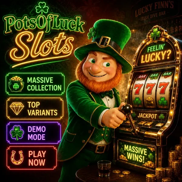Player confidently pulling slot machine lever at PotsOfLuck amid flashing neon lights