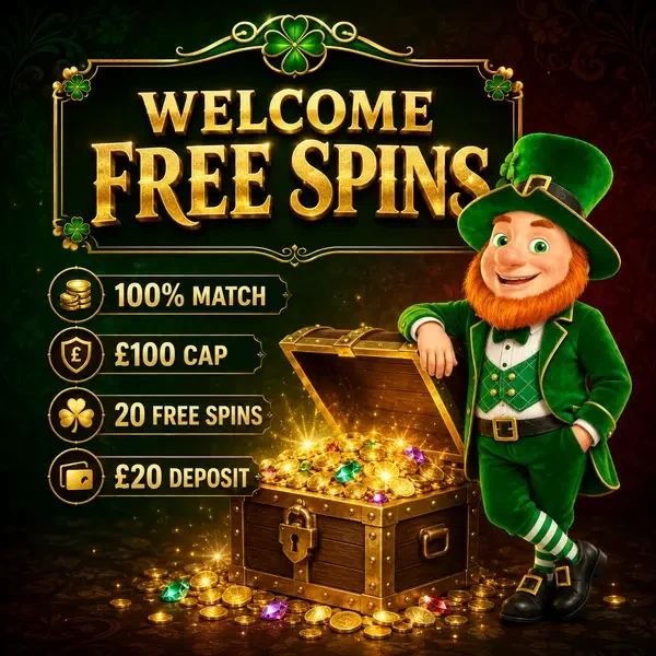 Lucky Mickey presents treasure chest of free spins at PotsOfLuck welcome lobby