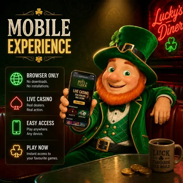 Mickey navigating PotsOfLuck mobile live casino on smartphone in smoky diner booth