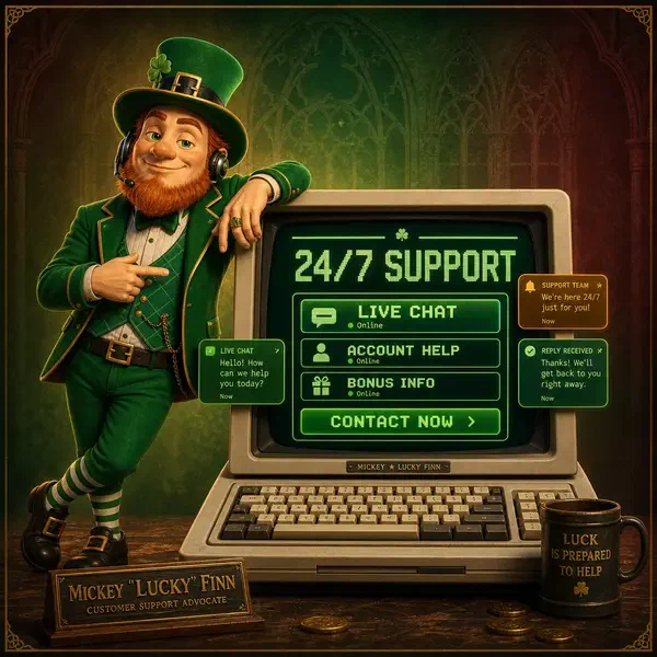 Mickey 'Lucky' Finn pointing to 24/7 support chat on vintage laptop at Customer Support