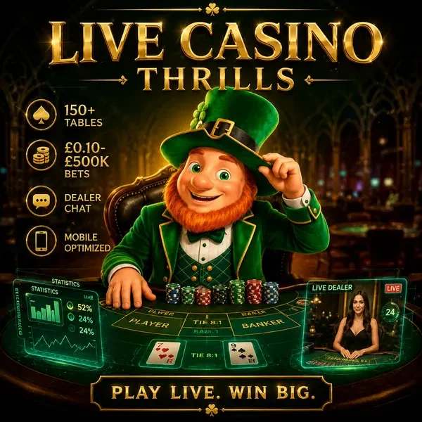 Mickey 'Lucky' Finn at PotsOfLuck Live Casino with holographic displays and golden glow