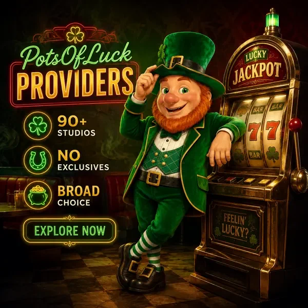 Mickey confidently leaning against slot machine at PotsOfLuck, tipping hat with charming smirk