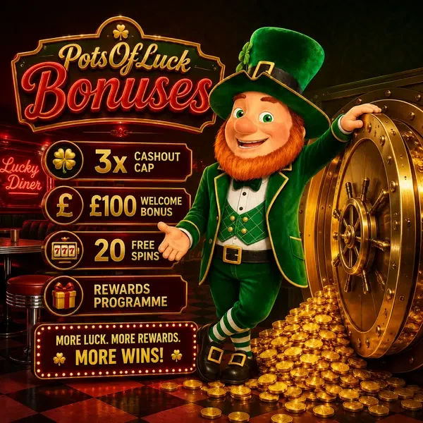 Mickey 'Lucky' Finn gestures toward PotsOfLuck bonus vault overflowing with golden coins
