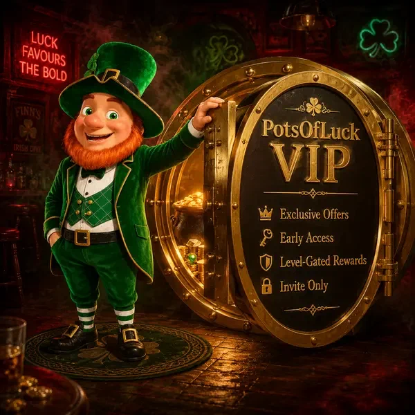 Mickey Finn opens golden VIP vault revealing exclusive PotsOfLuck Casino rewards and treasures