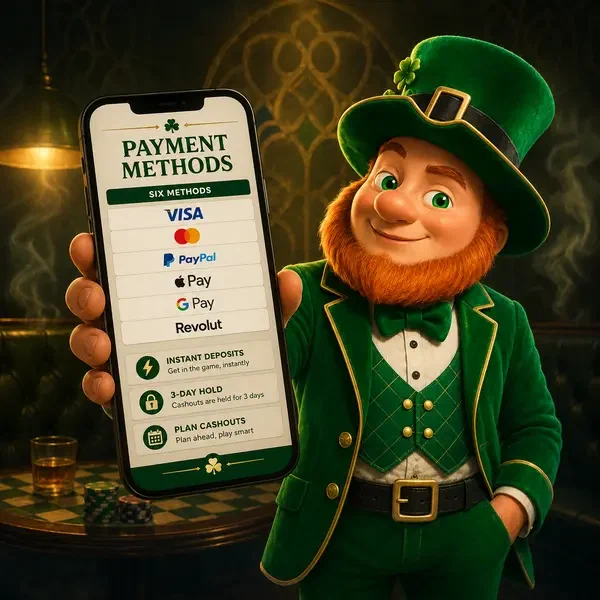 Mickey examining payment methods on smartphone at PotsOfLuck Casino