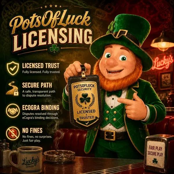 Mickey confidently holds PotsOfLuck Casino licensing badge in smoky retro diner setting